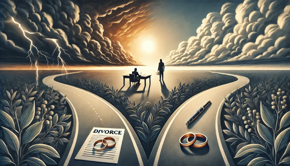 A-conceptual-illustration-representing-the-decision-to-proceed-with-a-divorce.-The-scene-features-a-symbolic-fork-in-the-road-where-one-path-is-lined