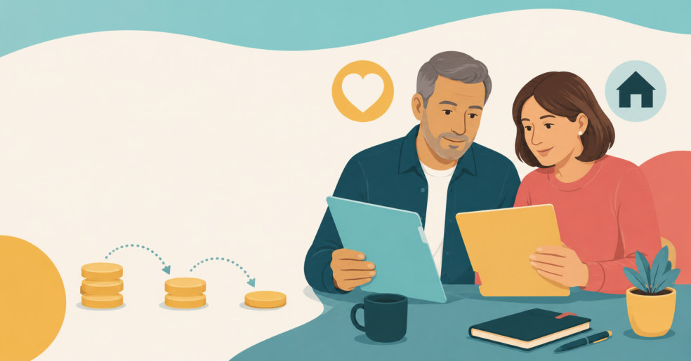 Couple reviewing Lasting Power of Attorney documents with symbols representing health, welfare, property and finances