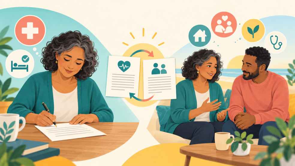 Woman making a Living Will and discussing future health and care decisions with a trusted person